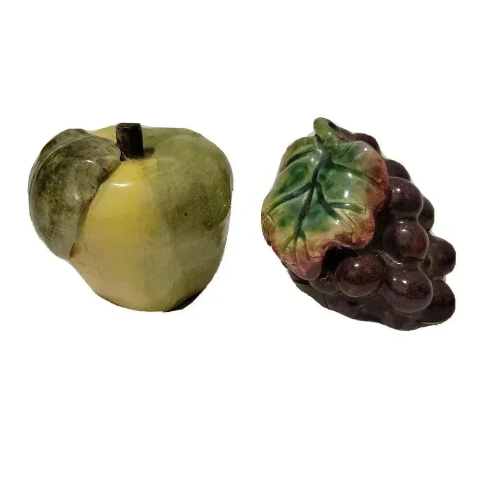 Ceramic Porcelain Fruit Lot of 2 Grapes Apple Heavy 3"x3" Vintage Green Purple